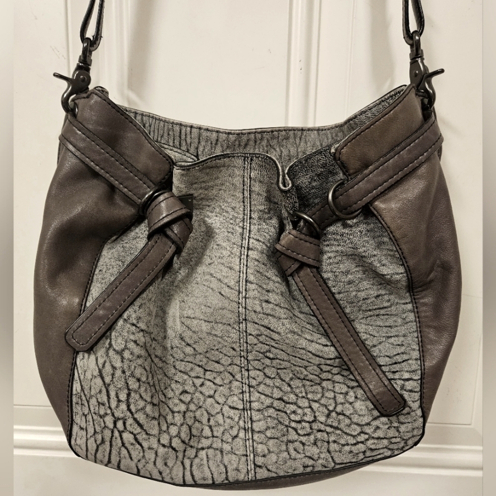 KOOBA Parker Neiman Marcus Gray  LEATHER PURSE crossbody bucket handbag